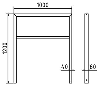 Abmessungen des Fahrradbügels aus Vierkantrohr 60x40mm mit Querholm (Breite 1000 mm zum Einbetonieren) in mm