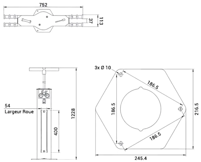 Zeichnung der Fahrradpumpe und weitere Details mit Abmessungen in mm
