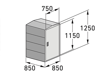 Rollatorbox VILM mit Spitzdach als Zeichnung mit Abemssungen in mm