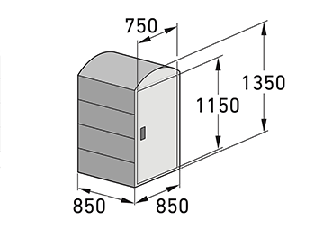 Rollatorbox VILM mit Rundbogendach als Zeichnung mit Abmessungen in mm