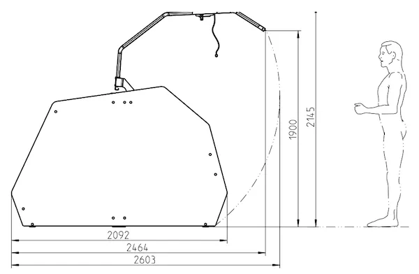 Zeichnung der Fahrradgarage mit geöffneter Flügeltür und Abmessungen in mm