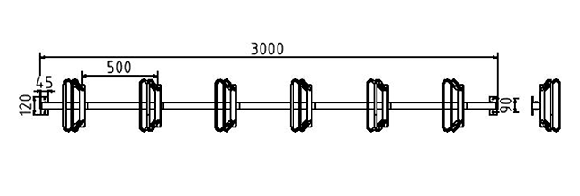 Abmessungen des Reihenparkers 6 Stellplätze, Einstellwinkel schräg zur Wandbefestigung