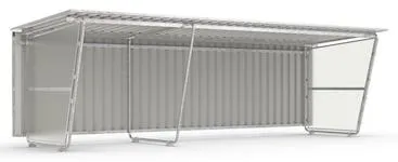 Abbildung der Überdachung Länge 2145 mm mit Anbaueinheit und Rückwänden aus Trapezblech und Seitenwänden aus Polyester