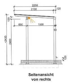 Skizze der einseitigen Überdachung mit LED-Beleuchtung und verlängerten Pfosten zum Überpflastern