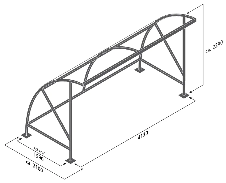Skizze der Überdachung mit Abmessungen - schräge Ansicht der Überdachung mit Länge 4130