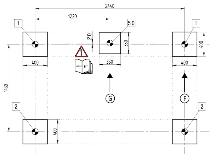 Funamentplan mit den Abmessungen zur Erstellung des Fundaments