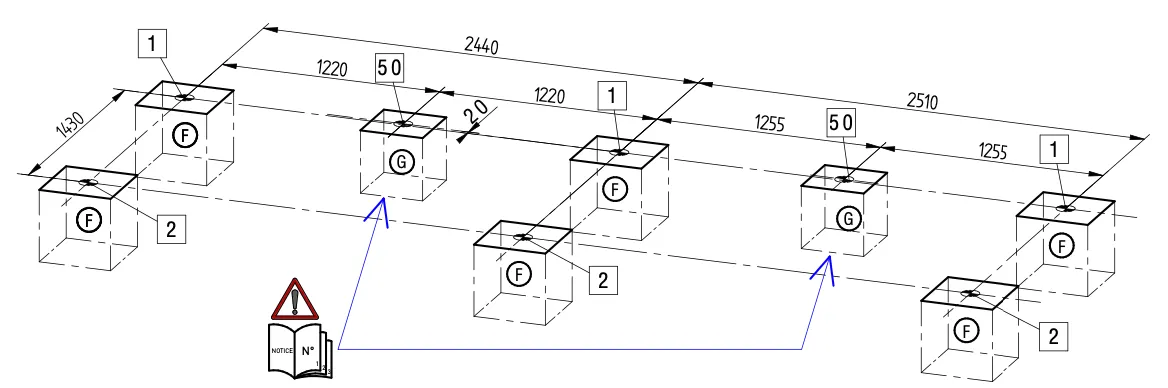 Beispielhafter Fundamentplan der Ausführung All-in-one PLUS mit den Abmessungen zur Erstellung des Fundaments