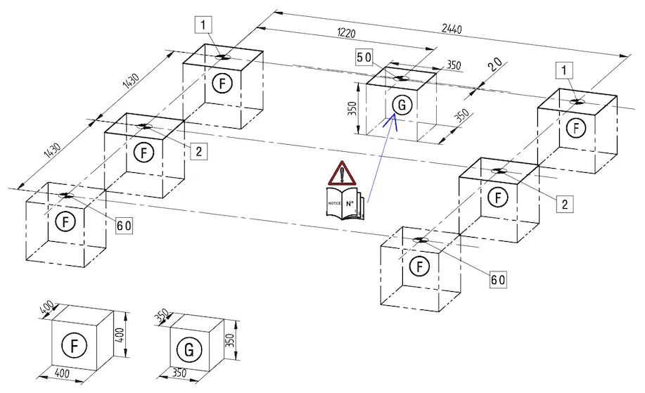 Funamentplan mit den Abmessungen zur Erstellung des Fundaments