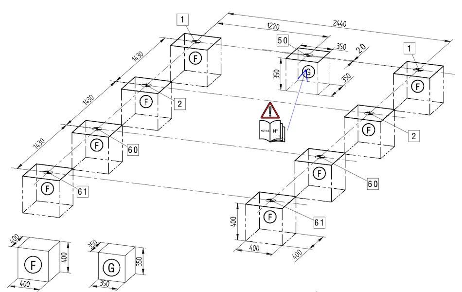 Funamentplan mit den Abmessungen zur Erstellung des Fundaments