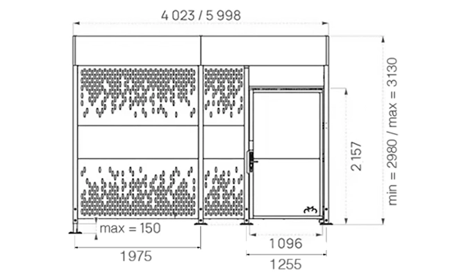 Abschließbare Fahrradüberdachung Grundeinheit und eine Anbaueinheit in Frontansicht mit Abmessungen in mm