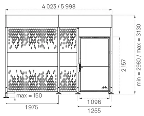 Abschließbare Fahrradüberdachung Grundeinheit in Frontansicht mit Abmessungen in mm