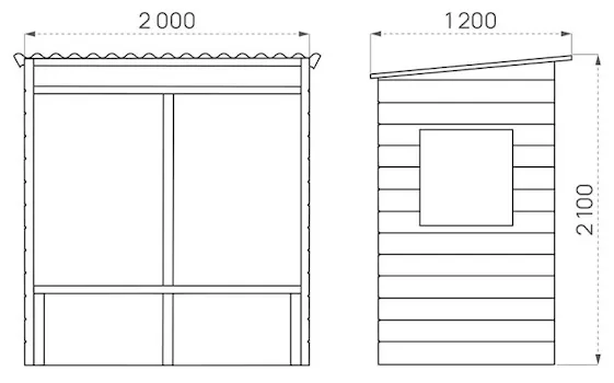 Buswartehäuschen aus Holz mit Pultdach als Zeichnung in Frontansicht und im Profil mit Abmessungen in mm