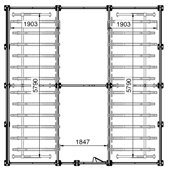 Beispielhafte Stellplatzkapazität für eine 6000 mm Grundeinheit einer abschließbaren Fahrradüberdachung mit einer Erweiterung und zwei Doppelparkern mit Erweiterungen