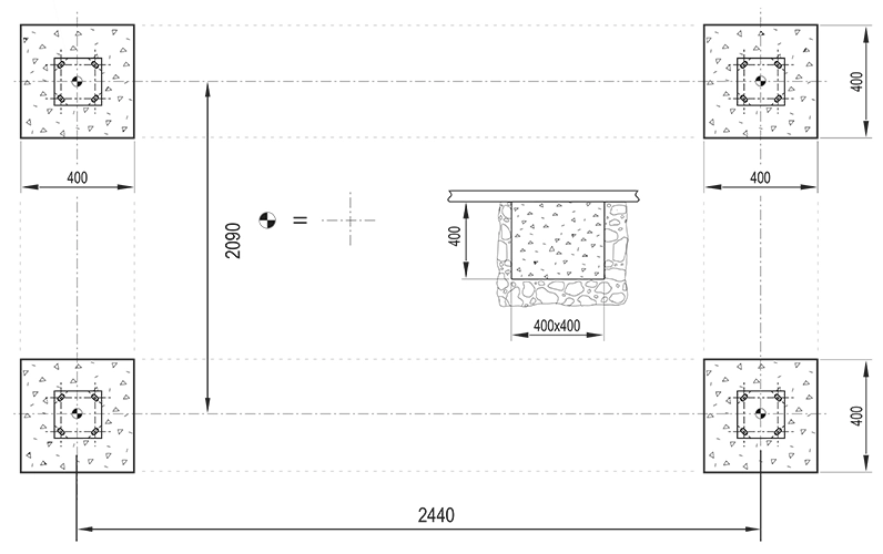 Beispielhafter Fundamentplan MERIDA Grundeinheit mit den Abmessungen zur Erstellung des Fundaments