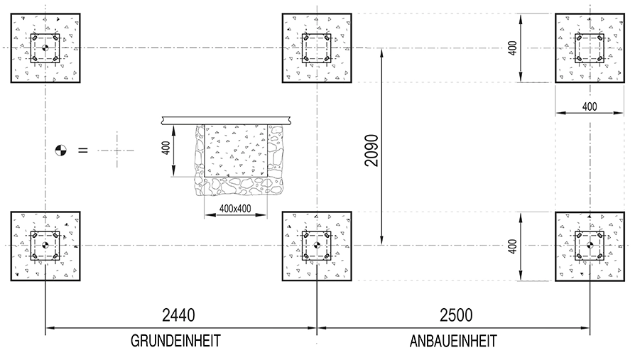 Beispielhafter Fundamentplan für Fahrradüberdachung mit Rundbogendach; Grundeinheit + Anbaueinheit mit den Abmessungen zur Erstellung des Fundaments