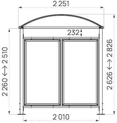 Fahrradüberdachung mit Rundbogendach, Grundeinheit in Seitenansicht mit Abmessungen in mm