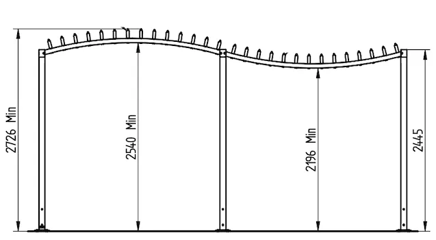 Pergola als Zeichnung mit Abmessungen der Höhe in mm mit Beispielen je nach Ausrichtung des Bogens der Dachkonstruktion