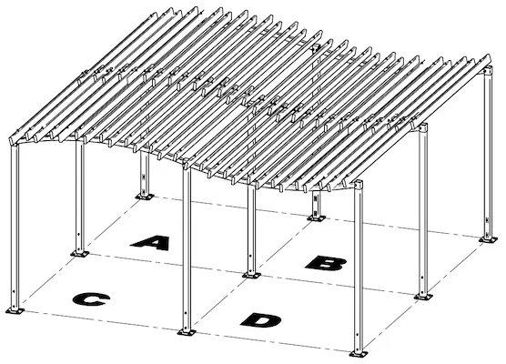 Pergola aus einer Grundeinheit mit allen 3 Anbaueinheiten als Zeichnung und mit Zuordnung der Buchstaben A bis D