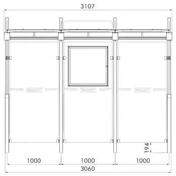 Wartehalle DOHA als Zeichnung mit Abmessungen in mm (Frontansicht)