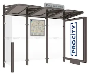 Abbildung der Buswartehalle DOHA mit Leuchtkasten rechts und Seitenverkleidung links