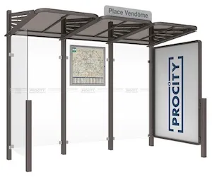 Abbildung der Buswartehalle DOHA mit Schaukasten rechts und Seitenverkleidung links