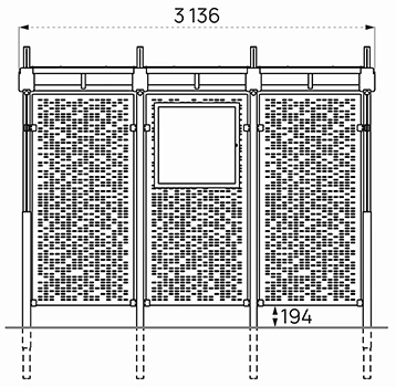 Wartehalle DOHA mit Stahlverkleidungen als Zeichnung mit Abmessungen in mm (Frontansicht)
