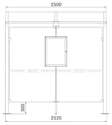 Wartehalle MALAGA als Zeichnung mit Abmessungen in mm (Frontansicht)