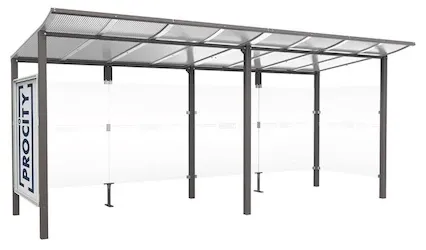 Wartehalle Murano Länge 5000 mm als Ausführung mit einem Schaukasten und einer Seitenverkleidung