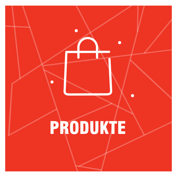 rote Kachelgrafik mit Taschen-Symbol und Produkte-Verweis