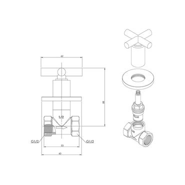 Absperrventil Unterputzventil Wandarmatur Messing 1/2 Kreuz schwarz matt