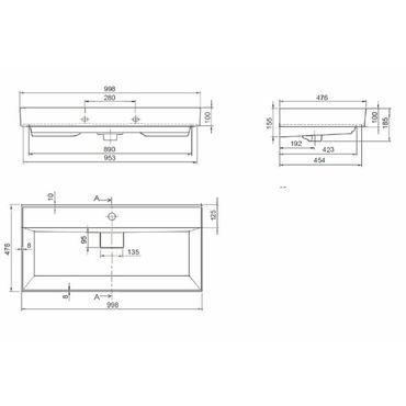 Belvit Keramik Waschbecken Aufsatz Wand 100x48x10 cm mit Überlauf Hahnloch
