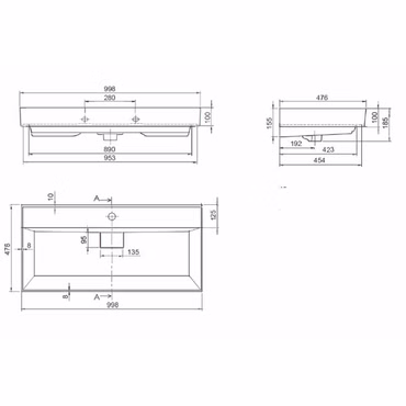 Belvit Keramik Waschbecken Aufsatz Wand 100x48x10 cm mit Überlauf Hahnloch