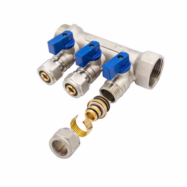 Verteiler mit 3 Abgängen Kugelhahn Blau MF-1” 3 x 16