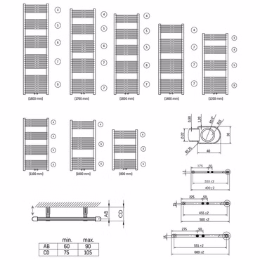 HANDTUCHHEIZKÖRPER Mittelanschluss SCHWARZ 1100X600-700W