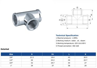 Verchromtes Messing T-Stück Innengewinde IG 3/8