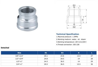 Verchromte Messing Reduzier Muffe Verbindungsmuffe IG - IG 3/8 x 1/2