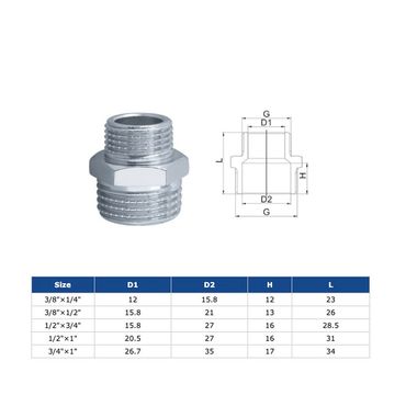 Chrom Muffennippel Reduzier Doppelnippel Messing AG - AG 3/8 x 1/2