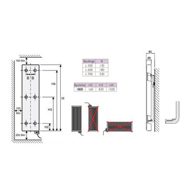 Belrad Vertikal Plan Elektroheizkörper Typ11 Elektronisch 1800 x 500 (HxB)-1250W