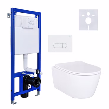 BELVIT WC-Komplettset weiß - Wand/Hänge WC Toilette mit Slim Soft-Close Deckel, Vorwandelement und Betätigungsplatte