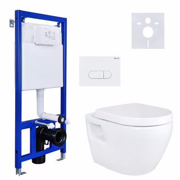 WC-Komplettset weiß - Wand/Hänge WC Toilette mit Slim Soft-Close Deckel, Vorwandelement und Betätigungsplatte