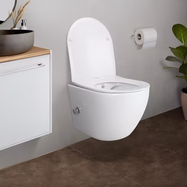 BELVIT Hänge WC mit Bidet Taharet Funktion aus Keramik mit Edelstahl Armatur für Kalt und Warmwasser Softclose Deckel spülrandlos