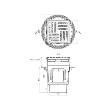Belvit Bodenablauf Edelstahl Durchgang 150x150 mm höhenverstellbar 184-227 mm DN110