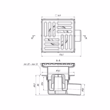 Belvit Bodenablauf Edelstahl Eck 150x150 mm höhenverstellbar 106-139 mm DN50