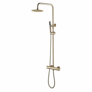 Duschsystem Duschgarnitur Gold gebürstet rund mit Regendusche Handbrause Thermostat und Duschstange