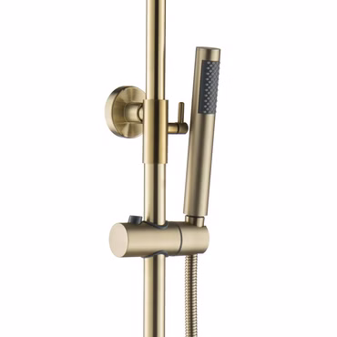 Duschsystem Duschgarnitur Gold gebürstet rund mit Regendusche Handbrause Thermostat und Duschstange