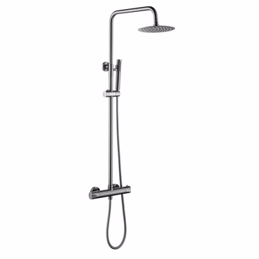 Duschsystem Duschgarnitur Grau gebürstet rund mit Regendusche Handbrause Thermostat und Duschstange