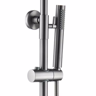 Duschsystem Duschgarnitur Grau gebürstet rund mit Regendusche Handbrause Thermostat und Duschstange