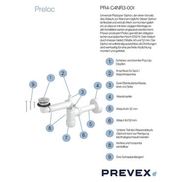 PREVEX Preloc Universal-Siphon für Waschbecken platzsparend 32/40 mm Pop-Up vormontiert