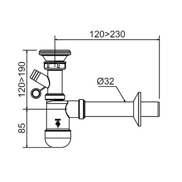Prevex Preloc Basic Siphon für Waschbecken ø32 mm Anschluss an Waschmaschine Metallsieb Gummistopfen Abflussrohr mit Rosette