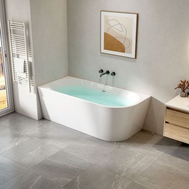 Aloni Halb-Freistehende Badewanne Eckwanne 180x80 Links Rundeck Acryl Weiß